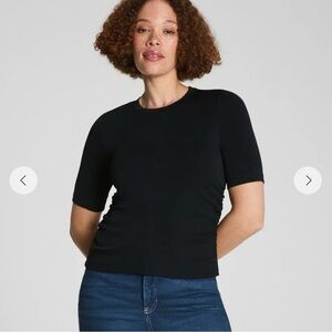 NEW SPANX Sleek Jersey Elbow Sleeve Ruched Top. Classic Black Size Medium NWT